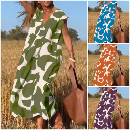 💕Ärmlös klänning med tryck och V-halsringning