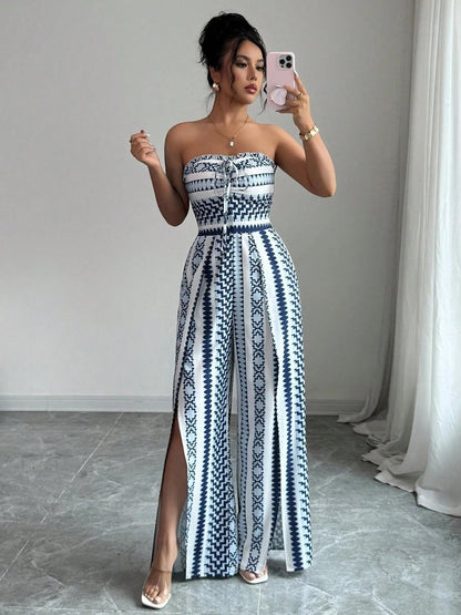 🎁Nyhet – 50 % rabatt💥 Geometrisk jumpsuit med halterneck och slits i sidan – Unikt mönster, elegant passform, mångsidig stil ✨