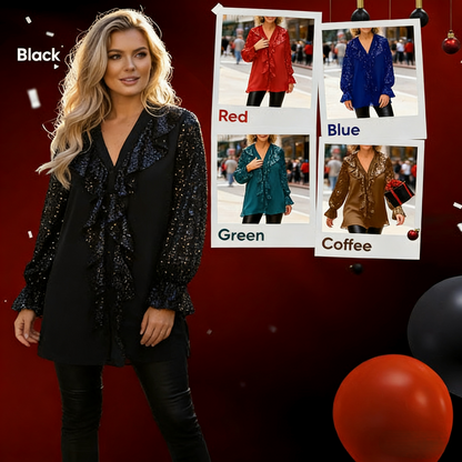 🎅 JULREA✨Damtröja med V-ringning, chiffong och paljetter, långärmad🎁