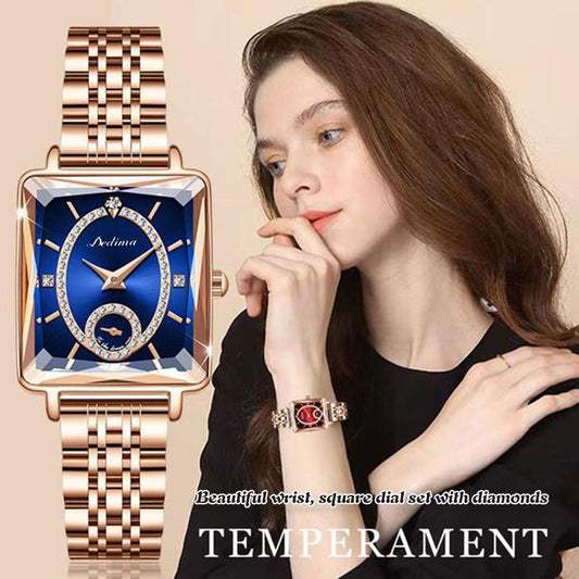 50 % rabatt⌚Moderiktig fyrkantig damerklocka i roséguld med diamanter💎