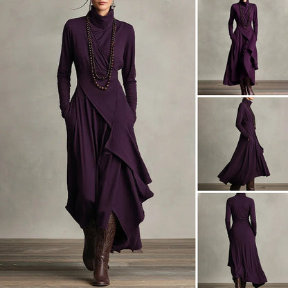 【📍Utsökt kollektion📍】Elegant asymmetrisk draperad maxiklänning med hög hals och midja för kvinnor