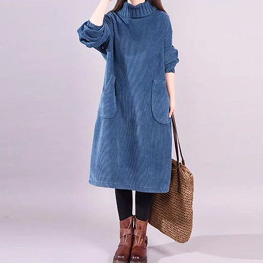 🔈🔈60% rabatt👗Lång klänning i corduroy med hög hals för damer