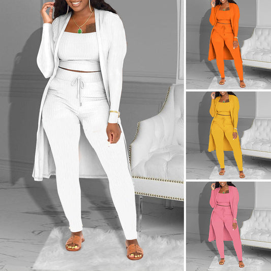 💃SISTA DAGENS REA - 60% RABATT🔥Ledig 3-delat stickat set – Beskuren topp, kofta och byxor💞