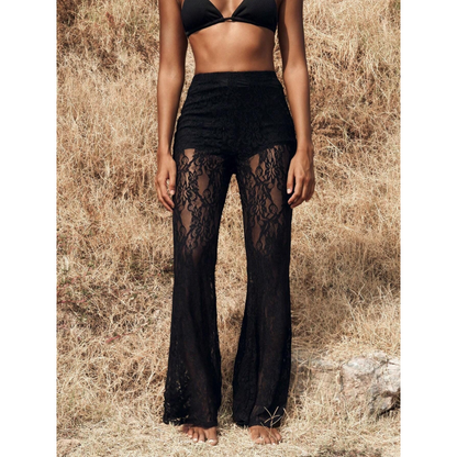 🔈🔈60% RABATT!👖Eleganta utsvängda spetsbyxor med hög midja – Integrerat shortsfoder och bohemisk chic för sommar och festivaler 🌸