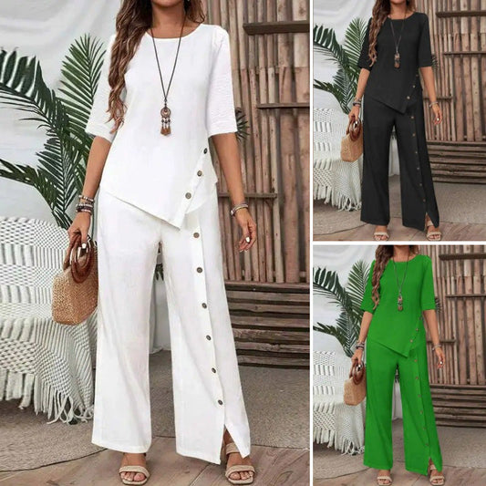 Oregelbundet tvådelat set 👗: Asymmetrisk topp + byxor med en knapprad — Löst och andningsbart 🛍️