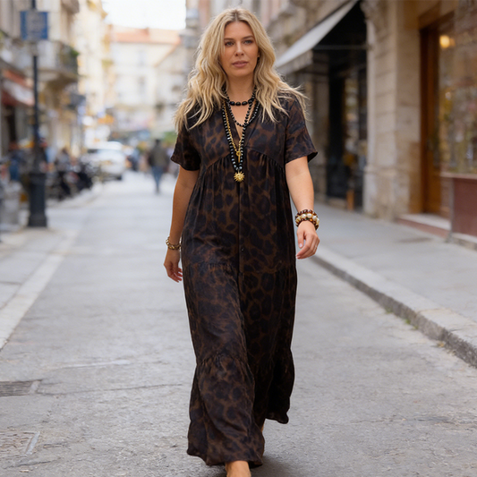 💃Leopardmönstrad klänning🐆 V-ringad, hög midja, smalnande design, böljande kjol, korta ärmar som andas, utstrålar vild elegans på ett ögonblick! ✨