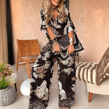 👚50 % RABATT NU! 🌸 Casual set med tryck och V-ringning för damer – Mjukt och andningsbart – Top med V-ringning och långbyxor 🍃
