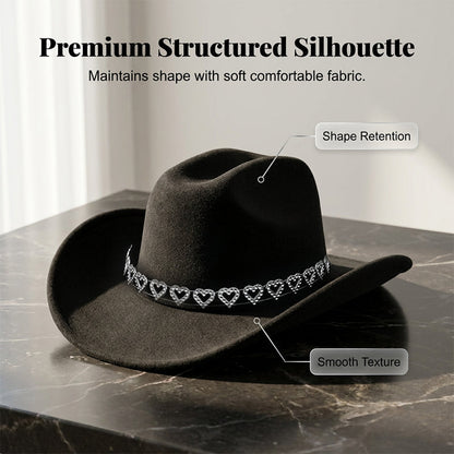 ✨ 50% RABATT NU! 🤠 Kvinnors Rhinestone Hjärta Cowboyhatt – Gnistrande French Jazz Fedora & Premium Strukturerad Silhuett – Elegant, Glamorös & Festivalredo 🎪