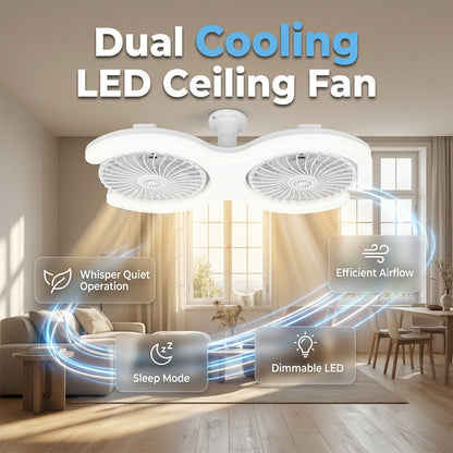 🌀 50% RABATT NU! 💡 Dubbelhovad LED-takfläkt med Belysning – 3 hastigheter & fjärrkontroll – 2 oberoende huvuden, perfekt för stora rum – snygg och tyst ✨🏠