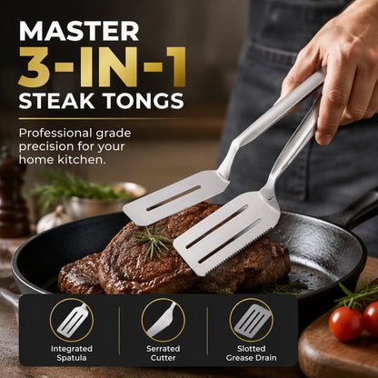 🥩🔥 3-i-1 Stektång i Rostfritt Stål – Tandad Skäregg med Stekspade &amp; Spårgrepp